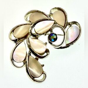 Vintage Silver Tone Abstract Design Brooch Pin Mother of Pearl and AB Crystal